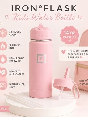 IRON°FLASK Kids 14oz Stainless Steel Water Bottle NWT Cosmetic Pink